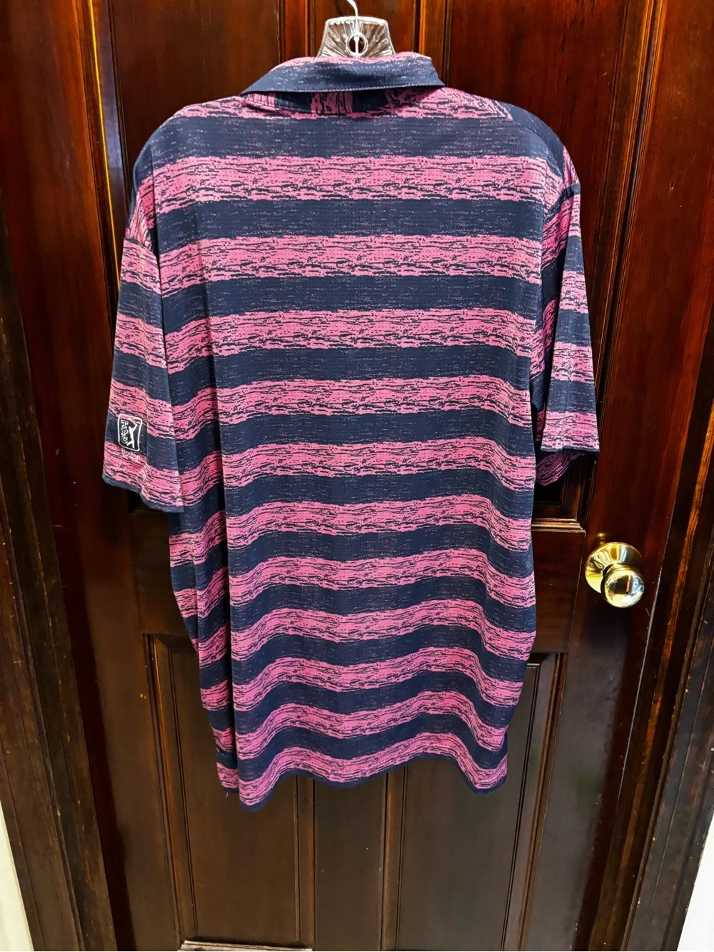 adidas Men's Pink and Navy Striped TPC Boston Golf Polo